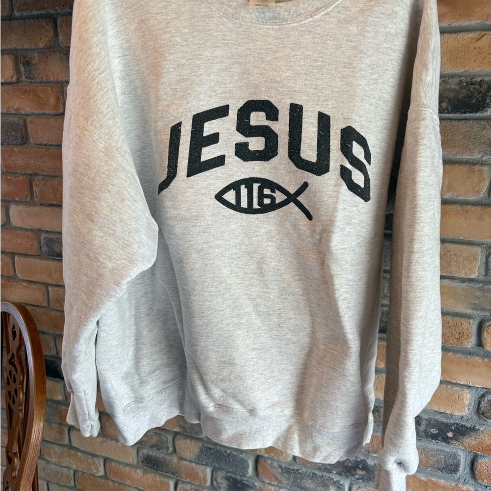 Hanes Gray Crewneck Sweatshirt with Black JESUS Graphic